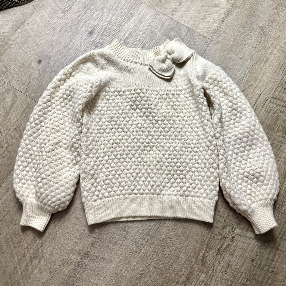 Janie & Jack Cream Gold Bubble Knit Sweater Girls 5 Bow Detail Cotton Wool Blend